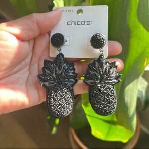 Chico’s Large Beaded Pineapple Earrings in Black New Unused Statement Jewelry
